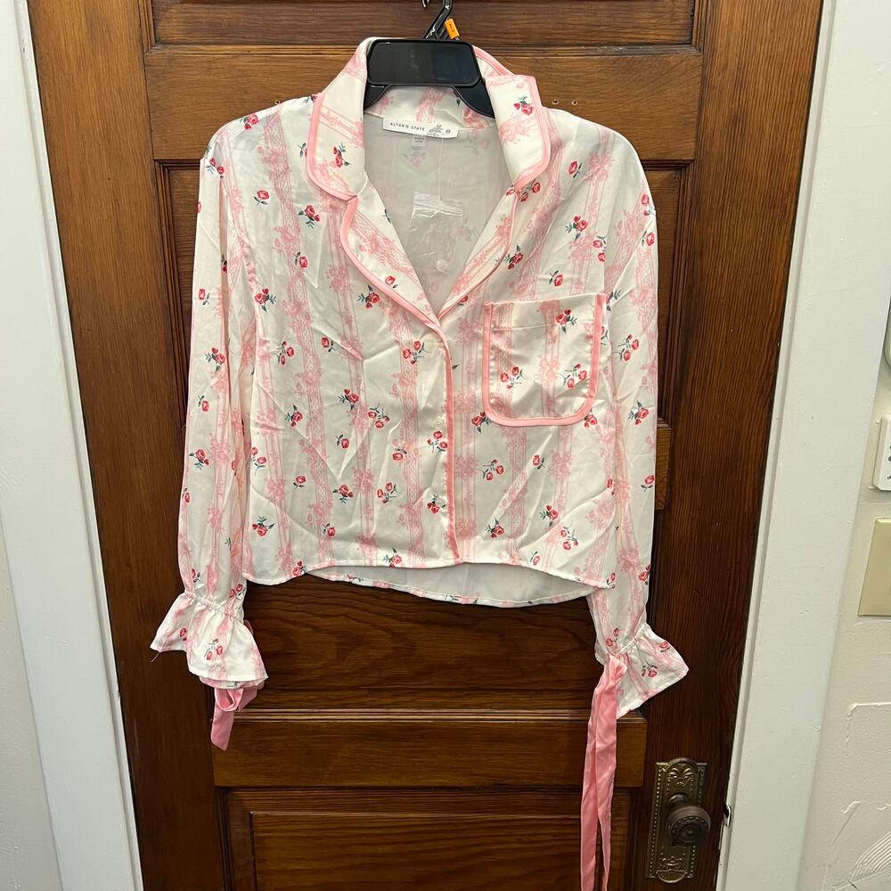 Altar'd State Eloise satin pajama top pink white floral stripe print XS NWT $58